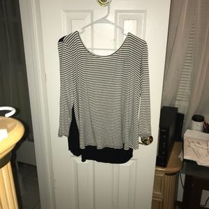 striped black and white top, knot in back